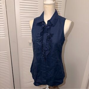 Sara L. Navy Ruffle Front Blouse 100% Linen Size M (B1P33)